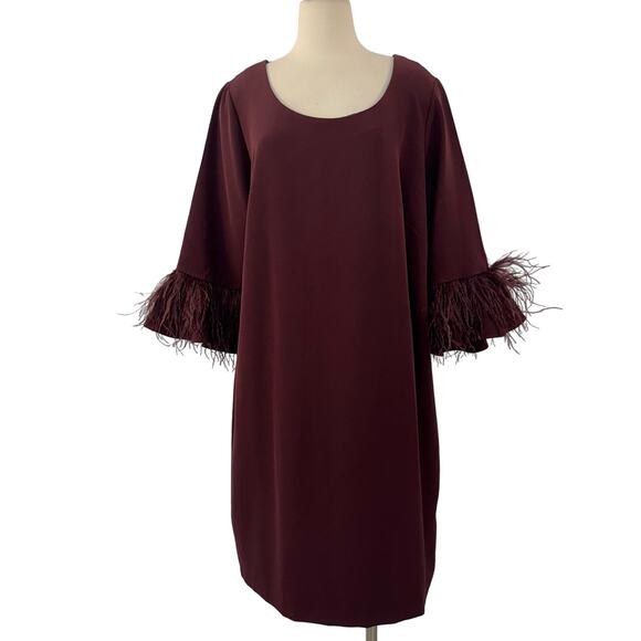 Eloquii Maroon Feather Sleeve Trim Dress Knee Length Scoop Neck Size 20 NWT - Picture 1 of 11